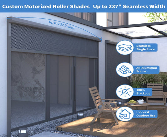 Maßgefertigte Smart-Motor-Verdunkelungsrollos für Veranden & Fenster, mit seitlichen Führungsschienen, einstellbarem Lichteinfall bis zur vollständigen Verdunkelung, Aluminiumrahmen, bis zu 700 cm Breite