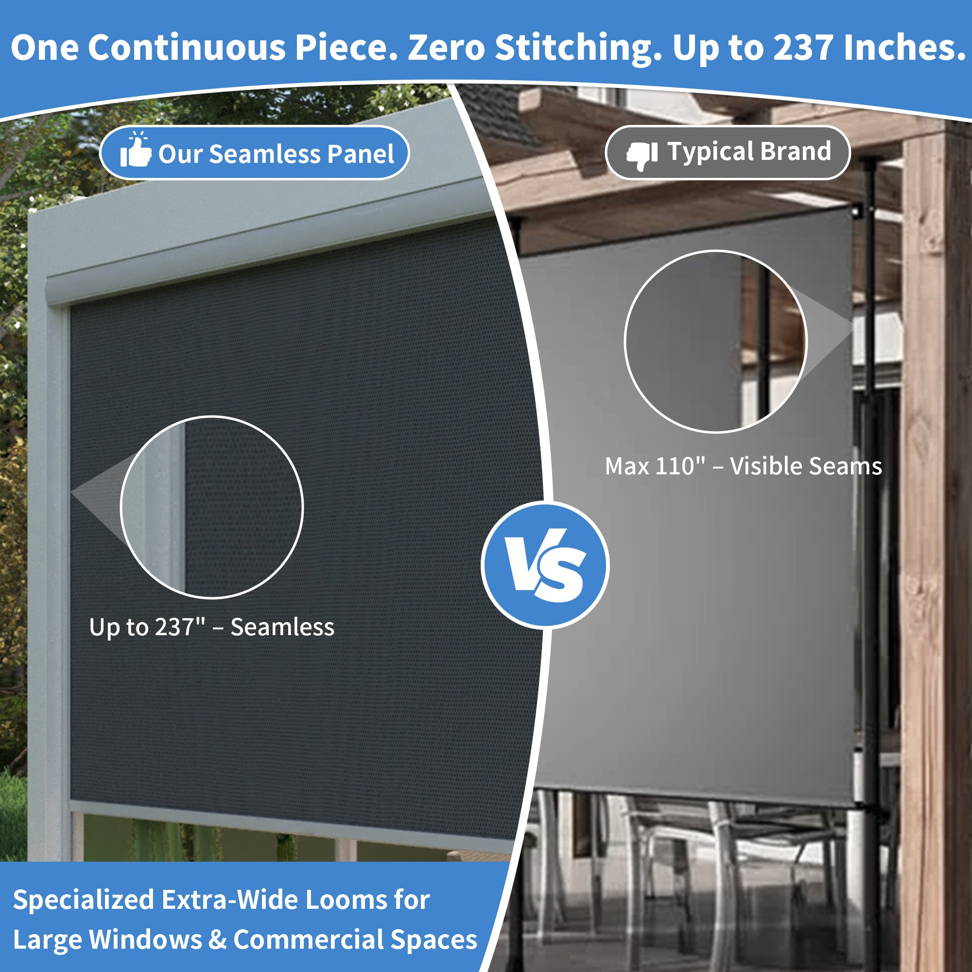 Custom Plug-In Smart Motorized Outdoor Blackout Shades for Porch & Windows, with Side Guide Rails, Adjustable Light Filtering to Total Blackout, Aluminum Frame, up to 275"W