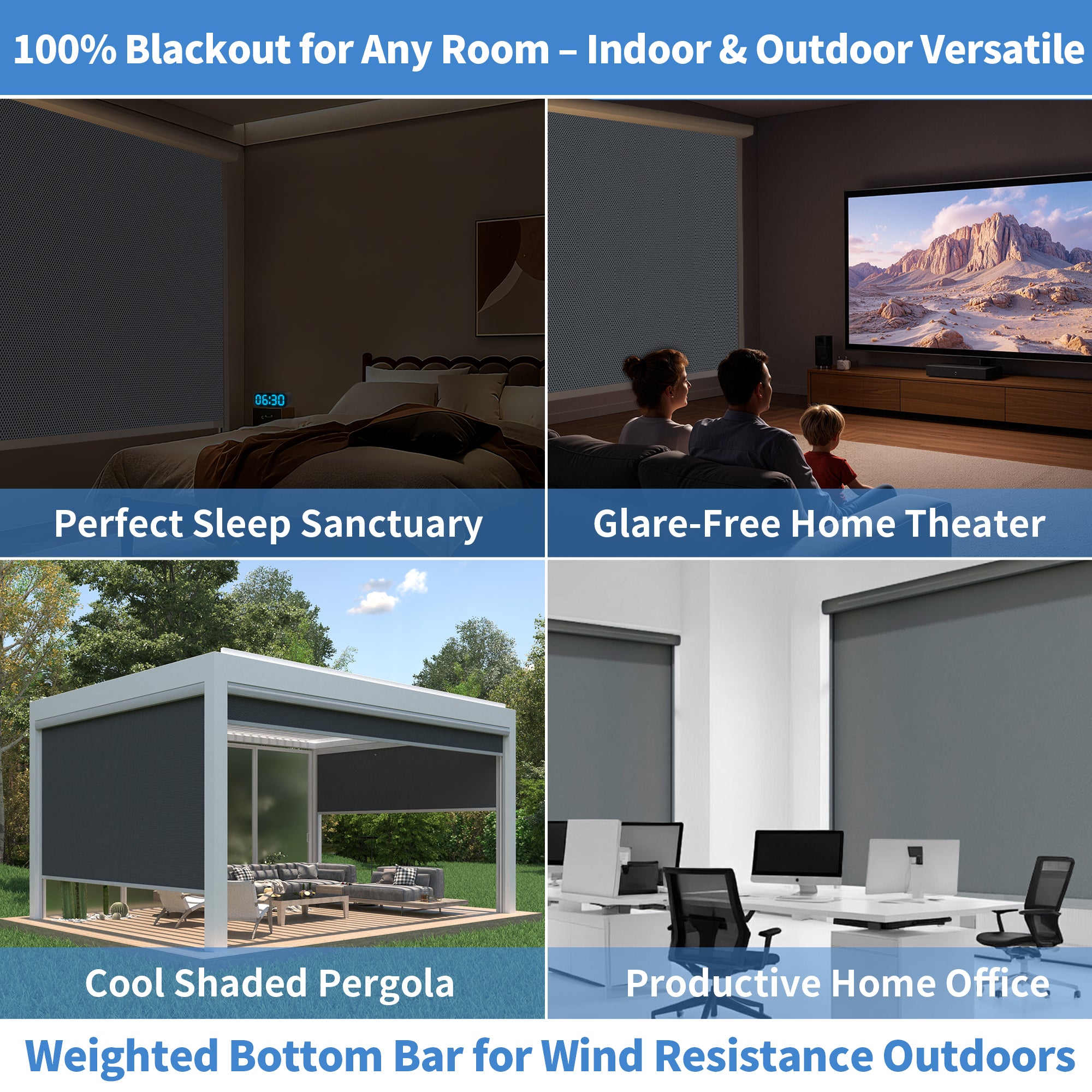 Custom Plug-In Smart Motorized Outdoor Blackout Shades for Porch & Windows, with Side Guide Rails, Adjustable Light Filtering to Total Blackout, Aluminum Frame, up to 275"W