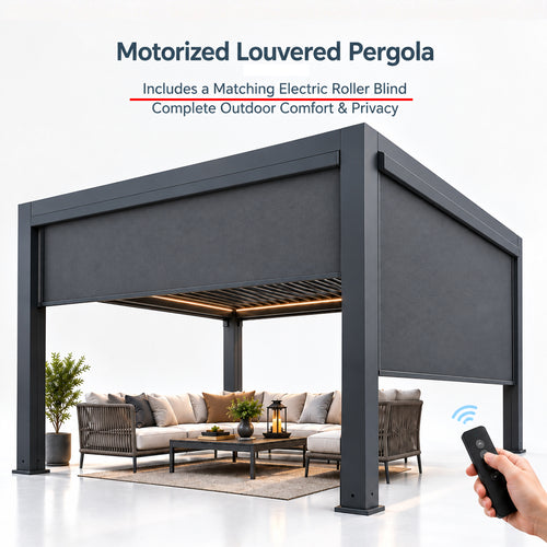 Blosun Custom Size Motorized Louvered Pergola White Aluminum Pergola with 120° Adjustable Louvers, Remote Control, 5-Proof Design, Windproof & Rainproof, Easy Lego-Style Assembly, Solar LED - BLOSUN