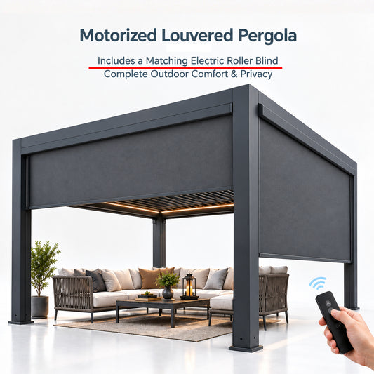 Blosun Custom Size Motorized Louvered Pergola White Aluminum Pergola with 120° Adjustable Louvers, Remote Control, 5-Proof Design, Windproof & Rainproof, Easy Lego-Style Assembly, Solar LED - BLOSUN