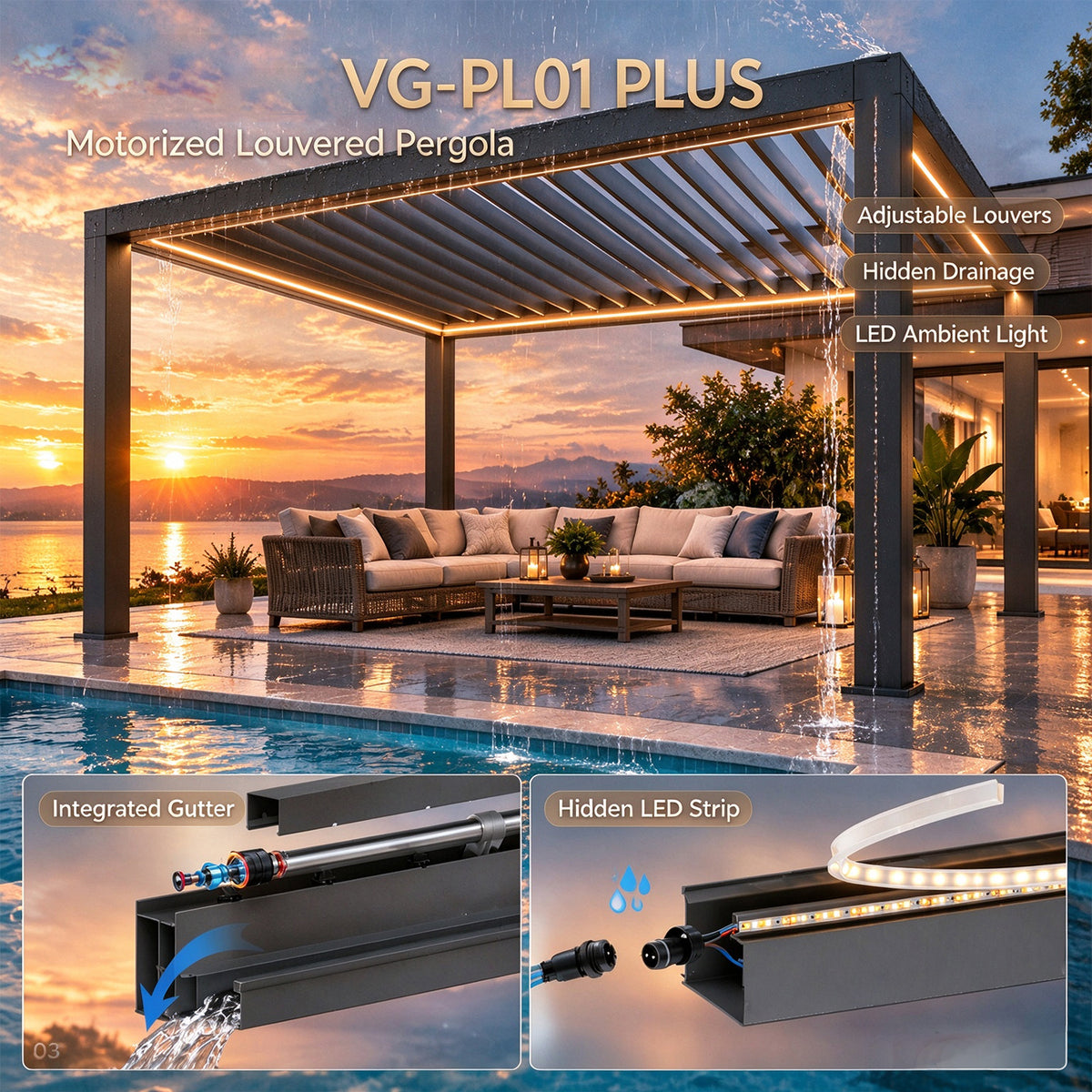 Blosun Custom Size Motorized Louvered Pergola White Aluminum Pergola with 120° Adjustable Louvers, Remote Control, 5-Proof Design, Windproof & Rainproof, Easy Lego-Style Assembly, Solar LED - BLOSUN