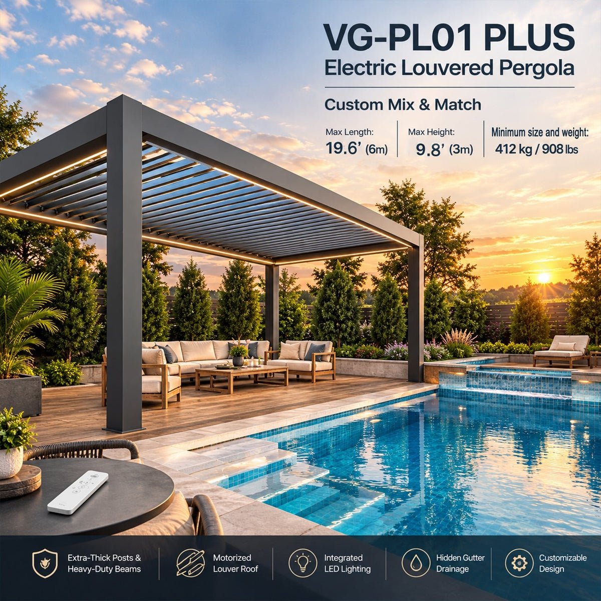 Blosun Custom Size Motorized Louvered Pergola White Aluminum Pergola with 120° Adjustable Louvers, Remote Control, 5-Proof Design, Windproof & Rainproof, Easy Lego-Style Assembly, Solar LED - BLOSUN