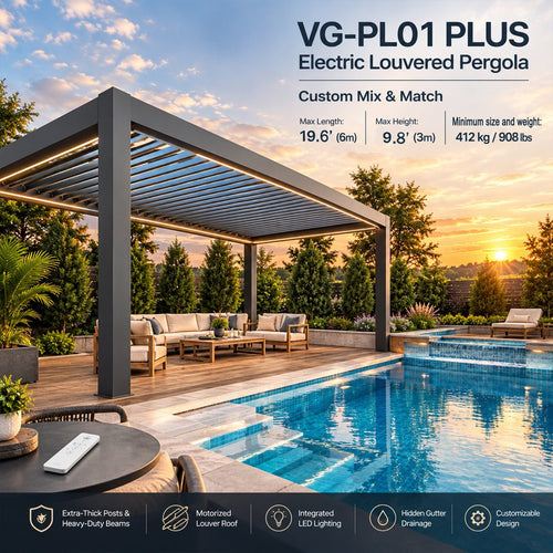 Blosun Custom Size Motorized Louvered Pergola White Aluminum Pergola with 120° Adjustable Louvers, Remote Control, 5-Proof Design, Windproof & Rainproof, Easy Lego-Style Assembly, Solar LED - BLOSUN