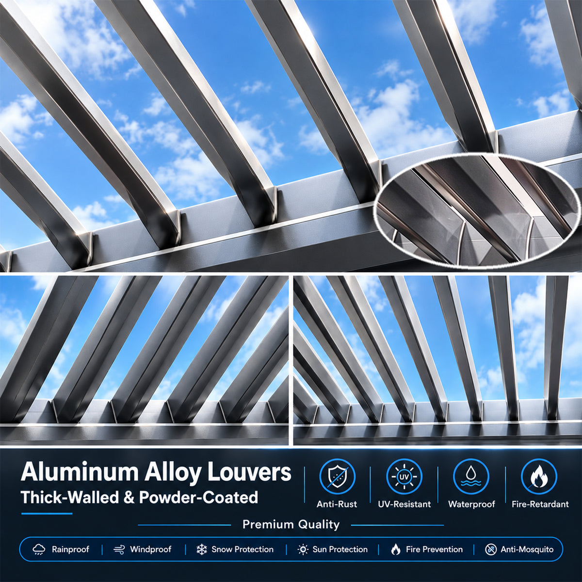 Blosun Custom Size Motorized Louvered Pergola White Aluminum Pergola with 120° Adjustable Louvers, Remote Control, 5-Proof Design, Windproof & Rainproof, Easy Lego-Style Assembly, Solar LED - BLOSUN
