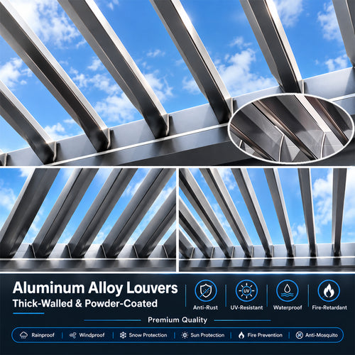 Blosun Custom Size Motorized Louvered Pergola White Aluminum Pergola with 120° Adjustable Louvers, Remote Control, 5-Proof Design, Windproof & Rainproof, Easy Lego-Style Assembly, Solar LED - BLOSUN