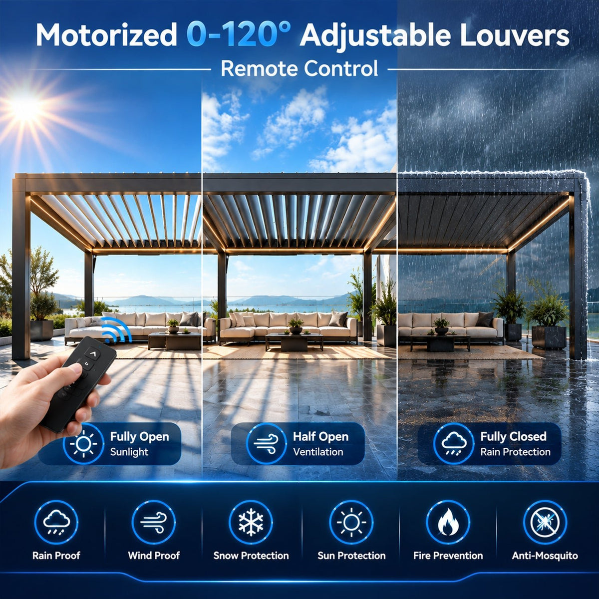Blosun Custom Size Motorized Louvered Pergola White Aluminum Pergola with 120° Adjustable Louvers, Remote Control, 5-Proof Design, Windproof & Rainproof, Easy Lego-Style Assembly, Solar LED - BLOSUN
