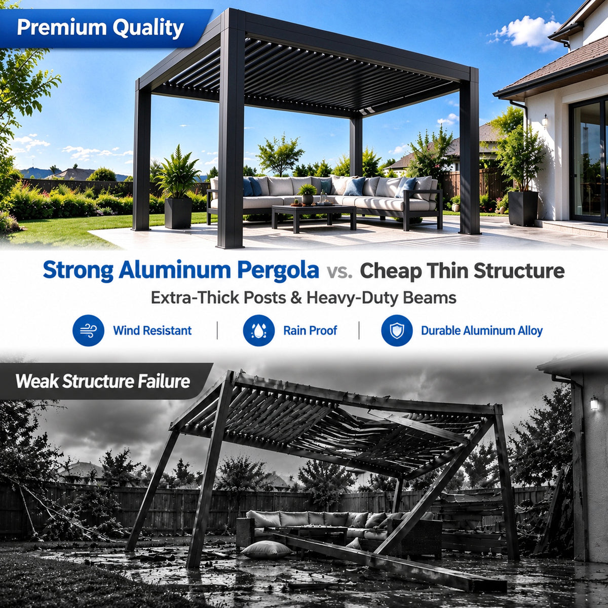 Blosun Custom Size Motorized Louvered Pergola White Aluminum Pergola with 120° Adjustable Louvers, Remote Control, 5-Proof Design, Windproof & Rainproof, Easy Lego-Style Assembly, Solar LED - BLOSUN