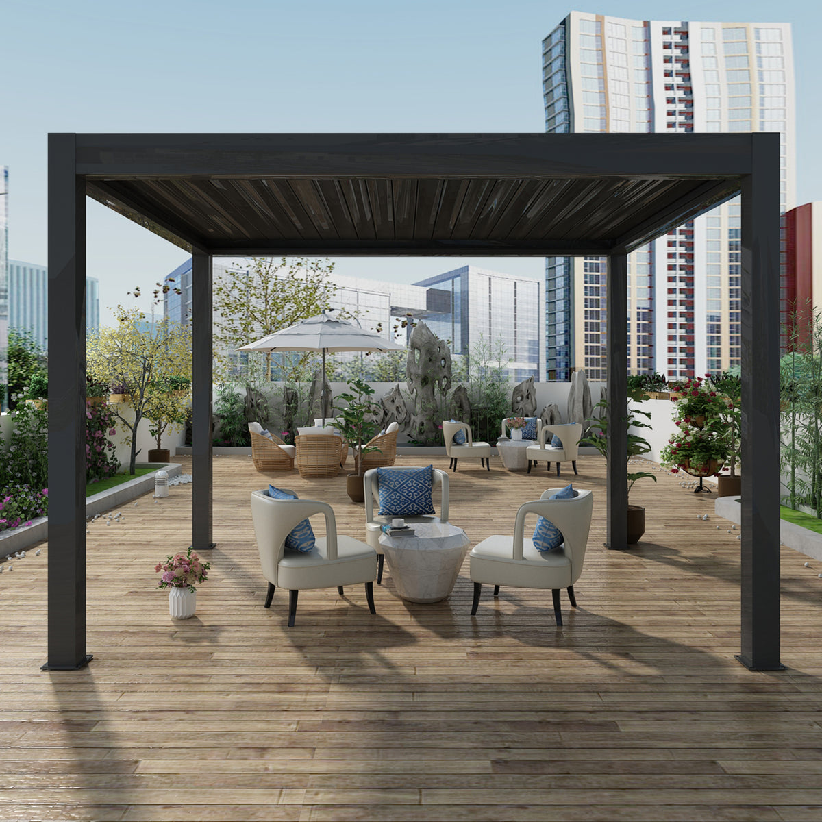 Blosun Custom Size Motorized Louvered Pergola White Aluminum Pergola with 120° Adjustable Louvers, Remote Control, 5-Proof Design, Windproof & Rainproof, Easy Lego-Style Assembly, Solar LED - BLOSUN