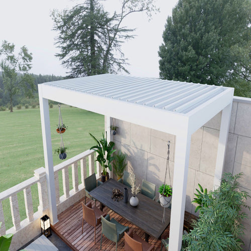 Blosun Custom Size Motorized Louvered Pergola White Aluminum Pergola with 120° Adjustable Louvers, Remote Control, 5-Proof Design, Windproof & Rainproof, Easy Lego-Style Assembly, Solar LED - BLOSUN